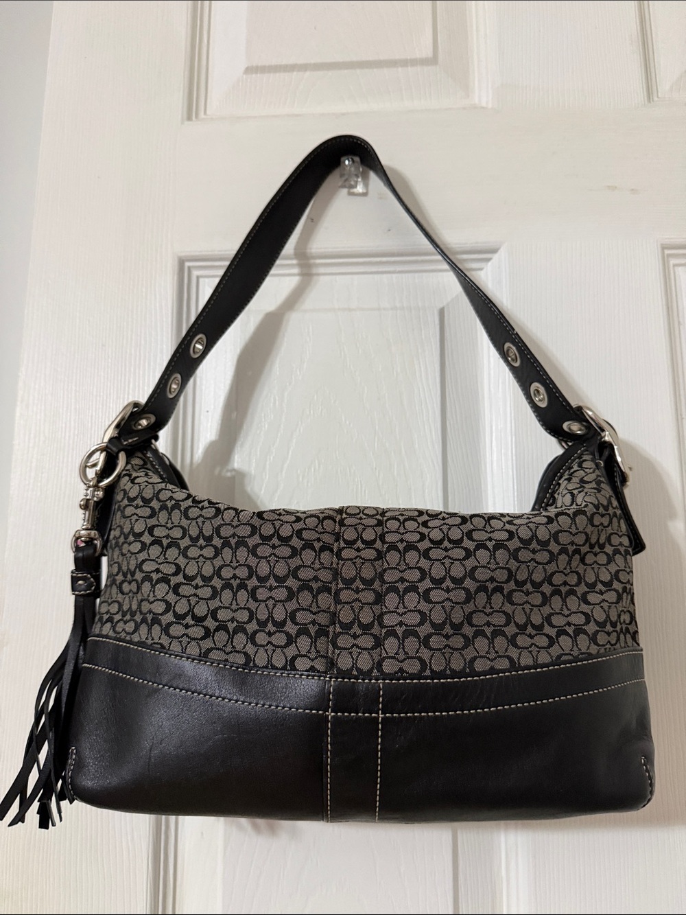 Coach Monogram Canvas and Black Leather Shoulder Bag